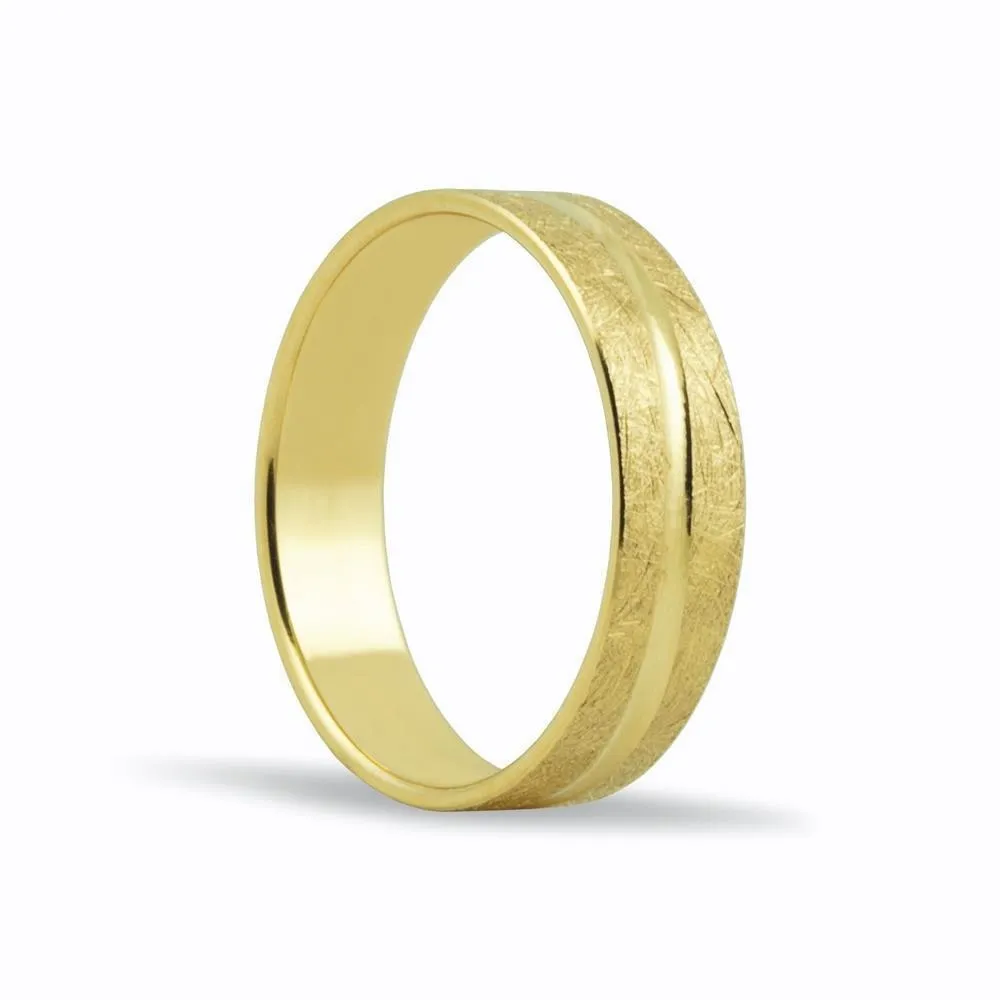 Alianza de oro 18k de 5 mm acabado efecto hielo y linea ondulada